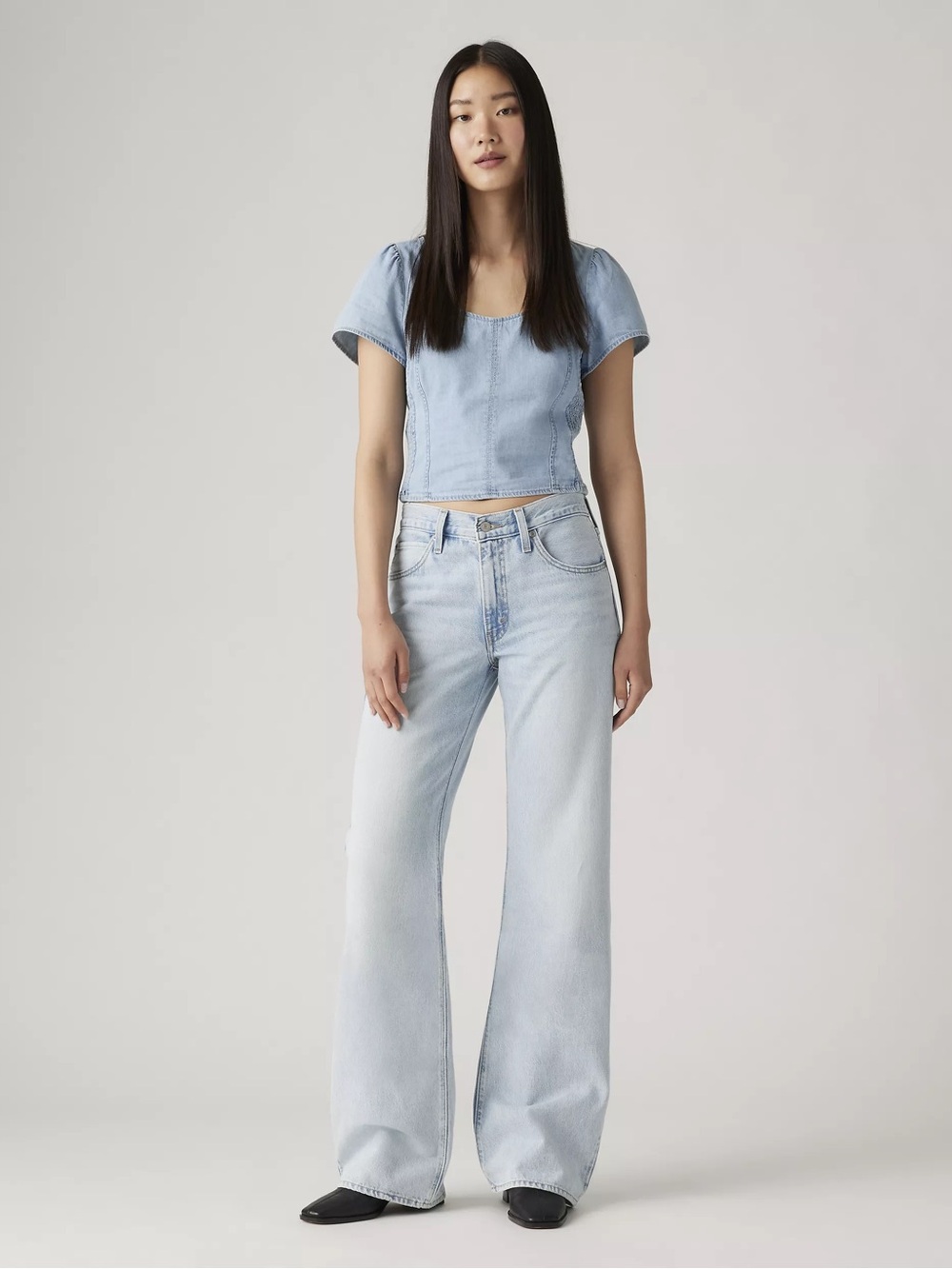 Levi's 94 Baggy Bootcut Mid rise waist Washed Light Blue Jeans
